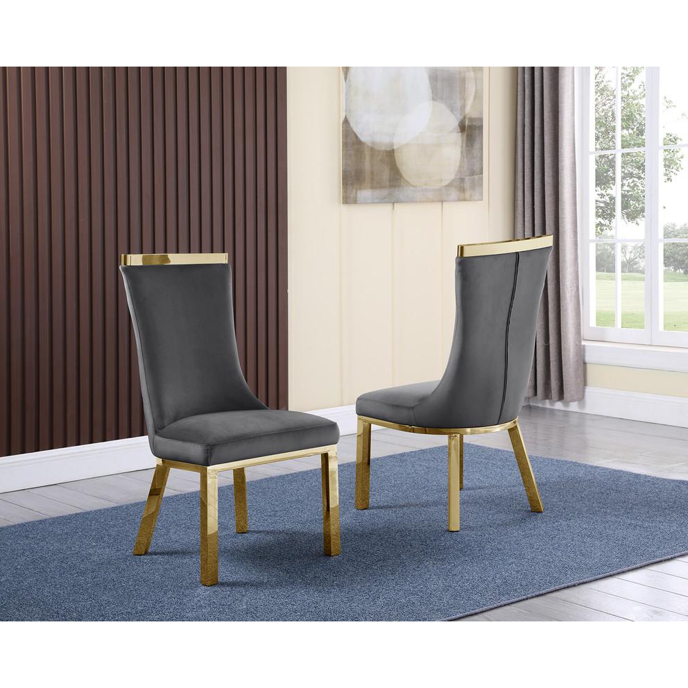 Upholstered dining chairs set of 2 in Dark gray velvet fabric - gold colored stainless steel base