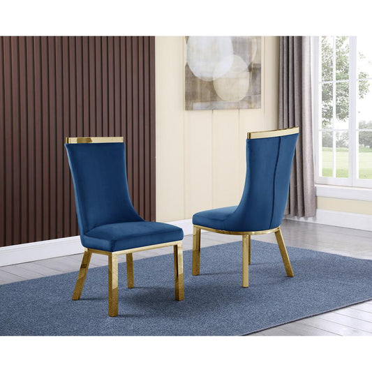 Upholstered dining chairs set of 2 in Navy blue velvet fabric, gold colored stainless steel base