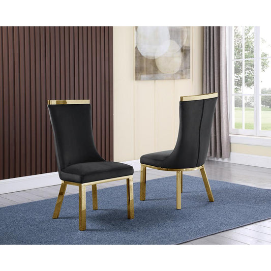 Upholstered dining chairs set of 2 in Black velvet fabric with gold colored stainless steel base