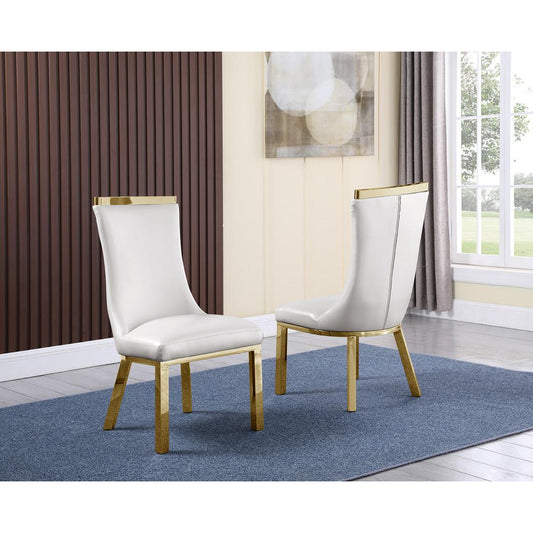 Upholstered dining chairs set of 2 in White faux leather with gold colored stainless steel base