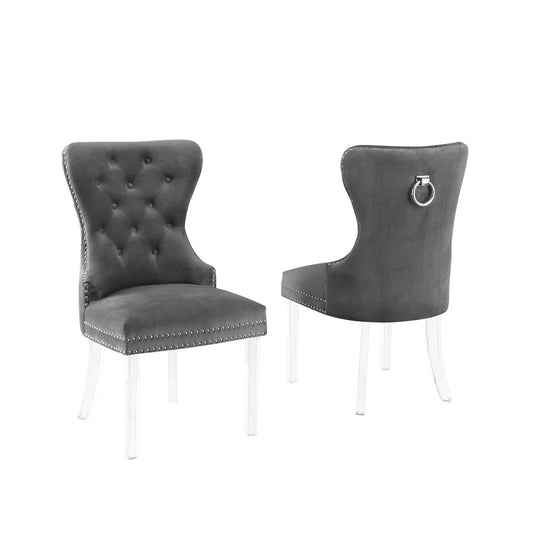 Velvet Tufted Side Chair Set of 2, Acrylic Legs, Dark grey