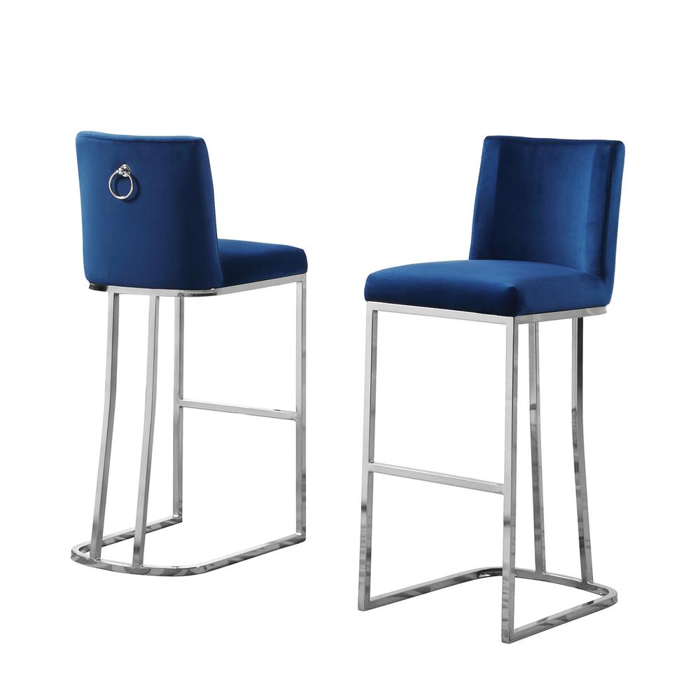 29" Velvet Barstool, Navy Blue, Chrome Base (Set of 2)