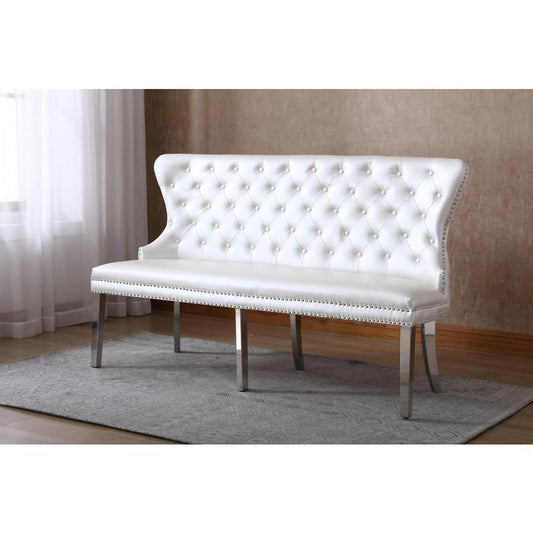 Dining Bench White Tufted Faux Leather, Stainless Steel Legs