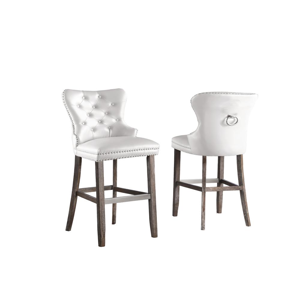 24" Tufted White Faux Leather Barstool, set of 2