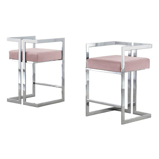 24" Uph Accent Counter Chairs, Pink Velvet, Chrome Base - Set of 2