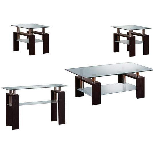 Espresso Coffee Table Set: Coffee Table, 2 End Tables, Console Table w/Glass Top and Shelf