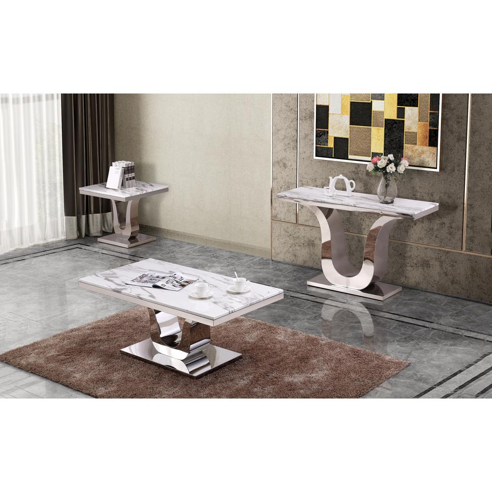 White Marble Coffee Table Set: Coffee Table, End Table, Console Table w/Stainless Steel U-Base