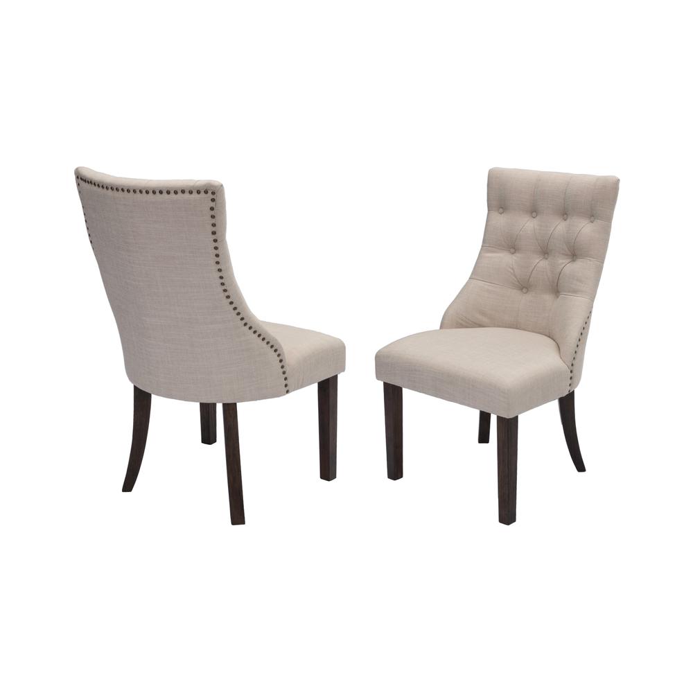 Classic Upholstered Side Chair Tufted in Linen Fabric w/Nailhead Trim **Set of 2**, Beige