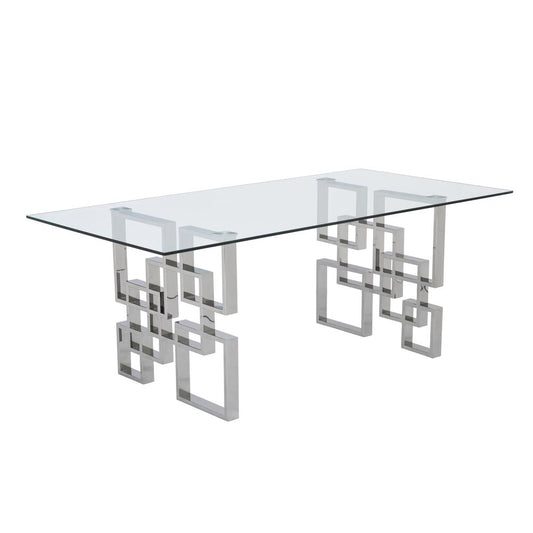 Rectangular Clear Glass Dining Table with Silver Stainless Steel Legs