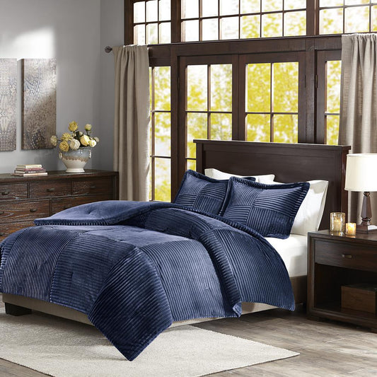 100% Polyester Microcord Solid Pieced Corduroy Plush Comforter Mini Set, Navy