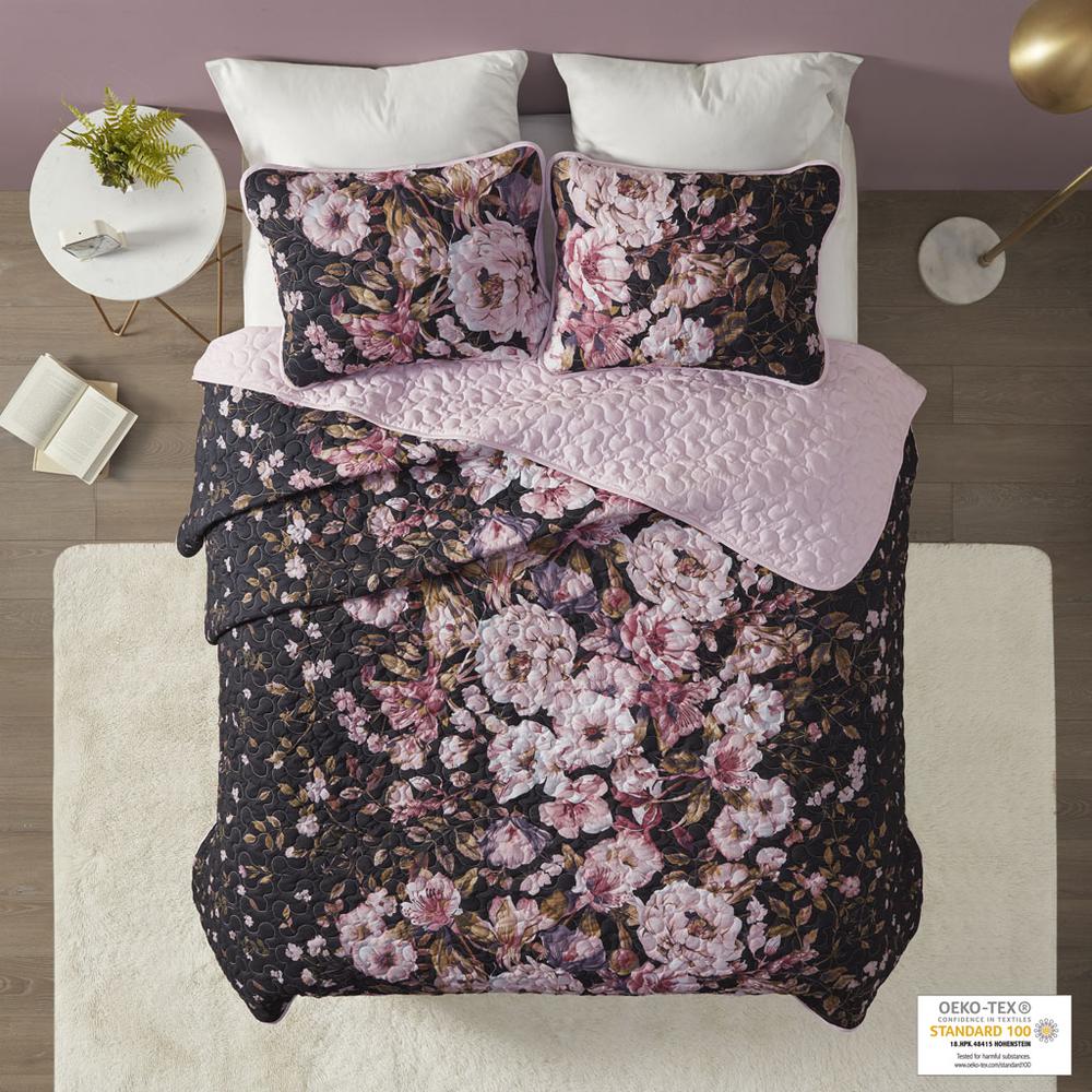 Floral Printed Reversible Coverlet Set Black 341