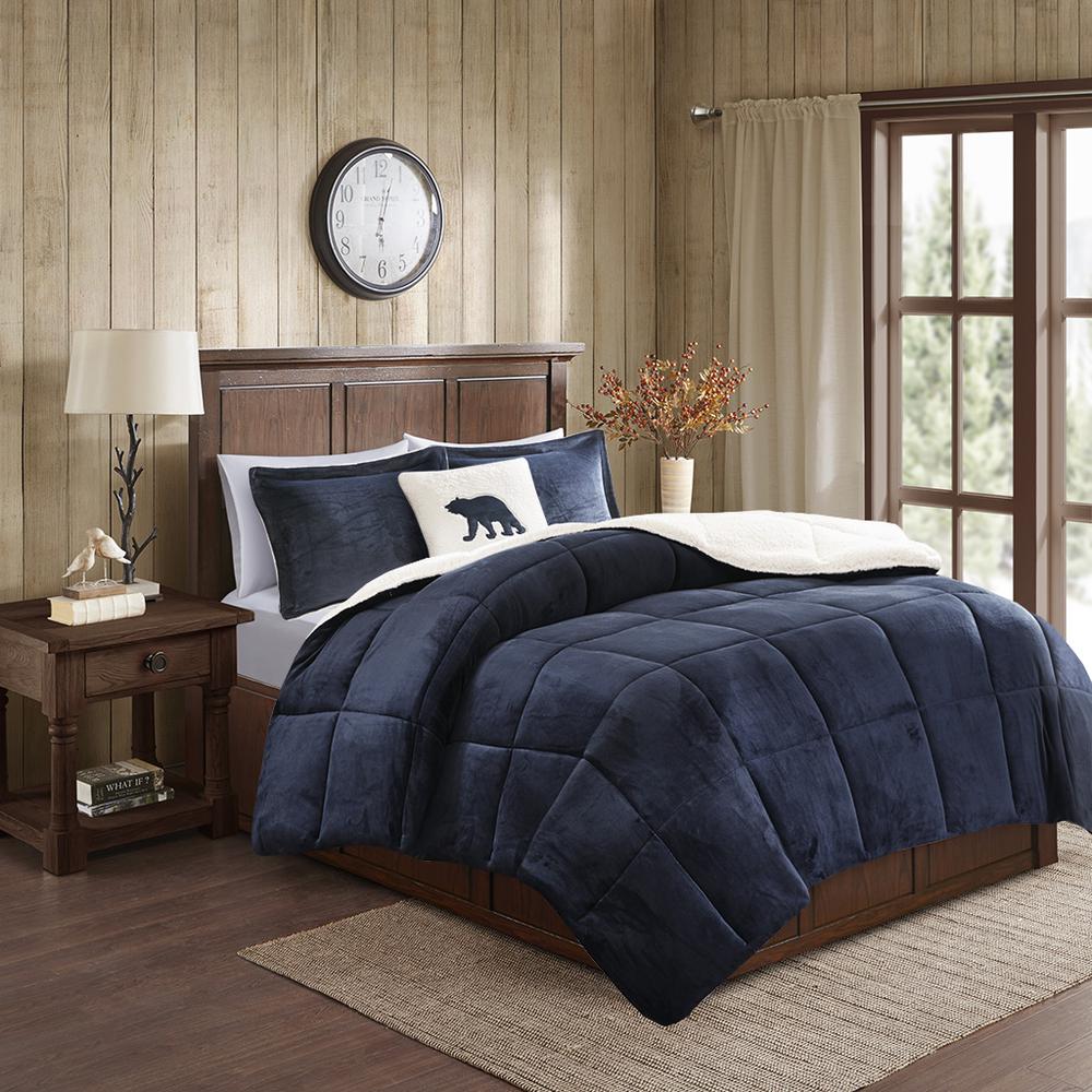 Plush to Sherpa Down Alternative Comforter Set Navy/Ivory 502