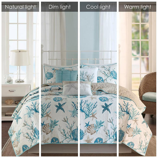 6 Piece Cotton Sateen Reversible Coverlet Set Full/Queen Aqua