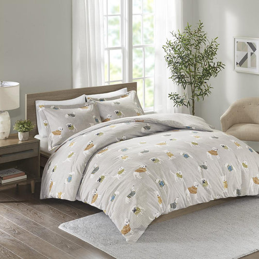 100% Cotton Flannel Printed Duvet Set Grey Dogs 556