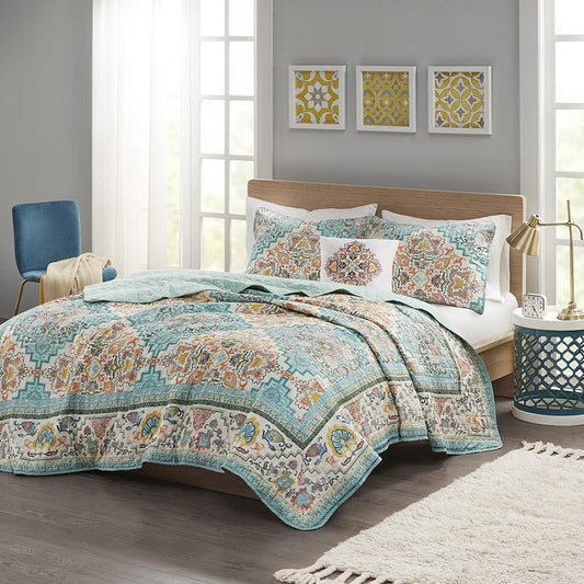 Seersucker Boho Printed Reversible Coverlet Set Teal 052