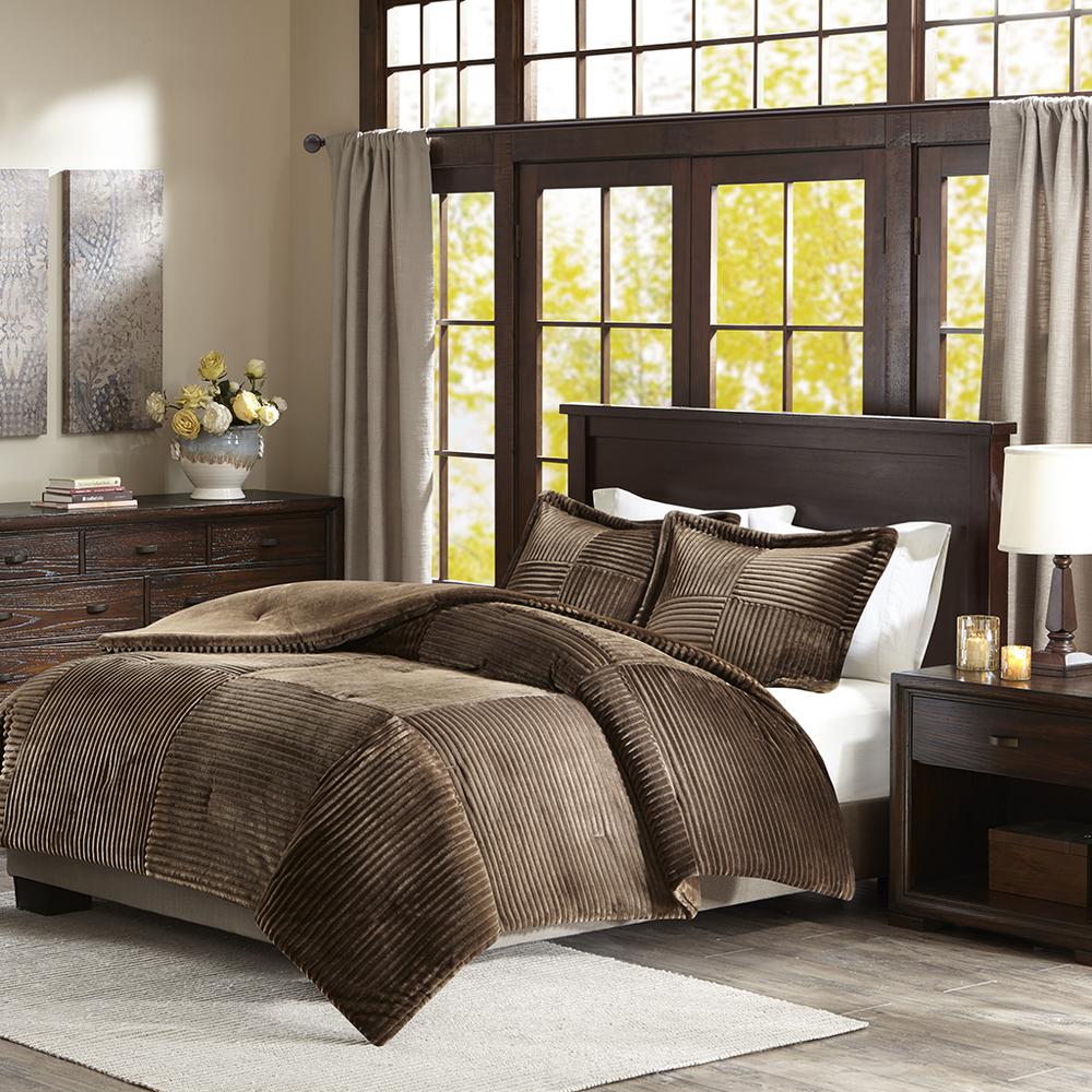 100% Polyester Microcord Solid Pieced Corduroy Plush Comforter Mini Set, Brown, Full/Queen