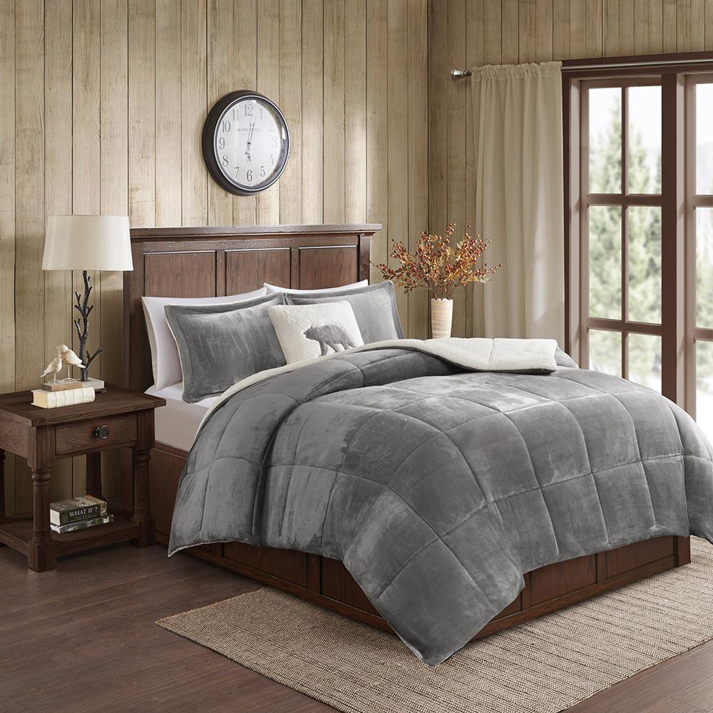 Plush to Sherpa Down Alternative Comforter Set Charcoal/Ivory 069