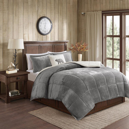 Plush to Sherpa Down Alternative Comforter Set Charcoal/Ivory 069