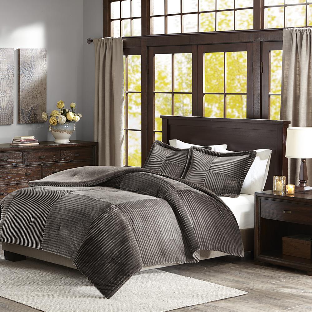 100% Polyester Microcord Solid Pieced Corduroy Plush Comforter Mini Set, Grey, Full/Queen