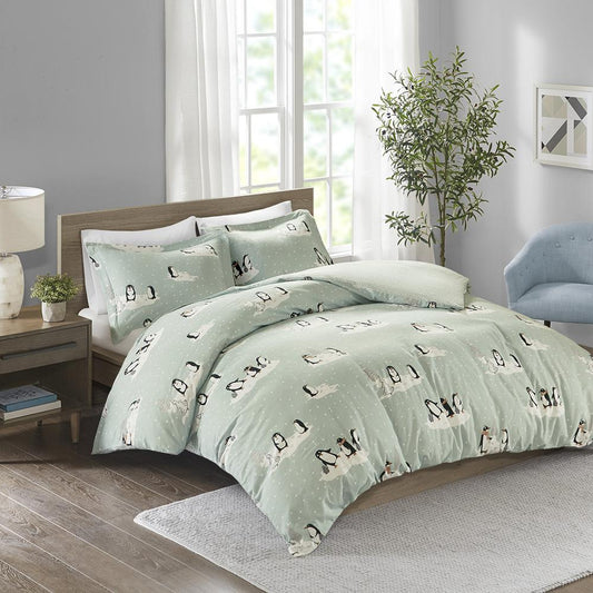 100% Cotton Flannel Printed Duvet Set Aqua Penguins 549