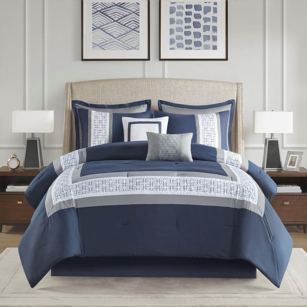 8 Piece Embroidered Comforter Set, 90x90, Navy