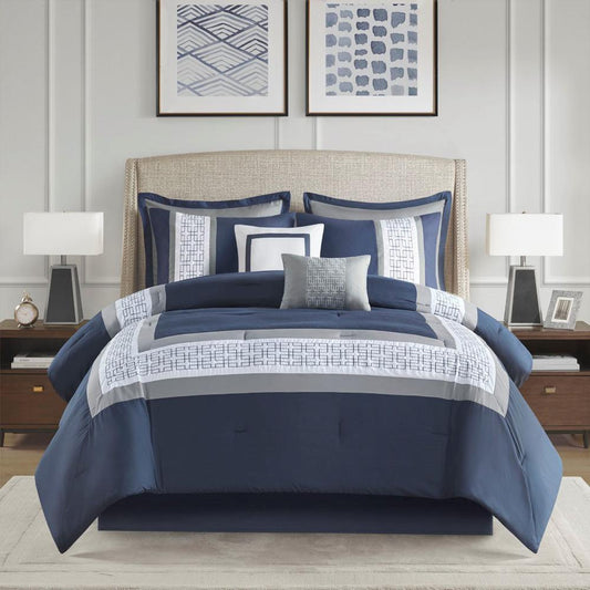 8 Piece Embroidered Comforter Set, 90x90, Navy