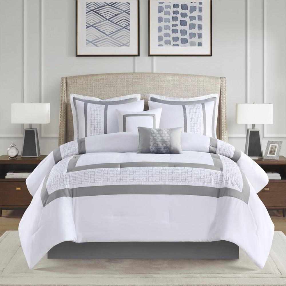 8 Piece Embroidered Comforter Set, 90x90, White