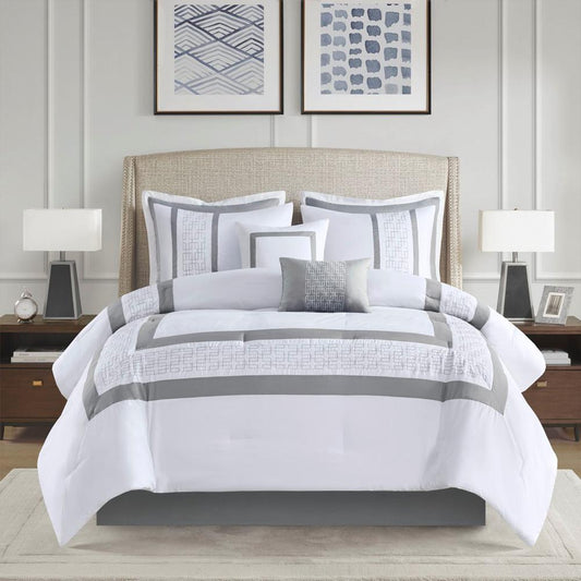 8 Piece Embroidered Comforter Set, 104x92, White, King1