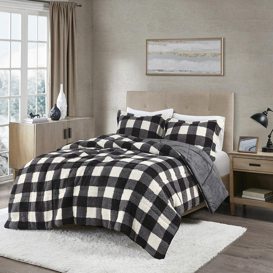 100% Polyester Buffalo Check Print Sherpa Comforter Set, TN10-0435