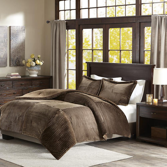 100% Polyester Microcord Solid Pieced Corduroy Plush Comforter Mini Set, Brown