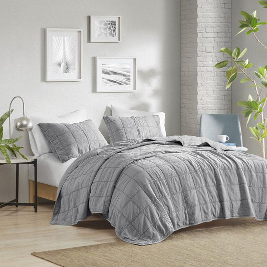 100% Cotton Coverlet Mini Set Gray Full/Queen: 92"W x 96"L/20"W x 26"L(2)