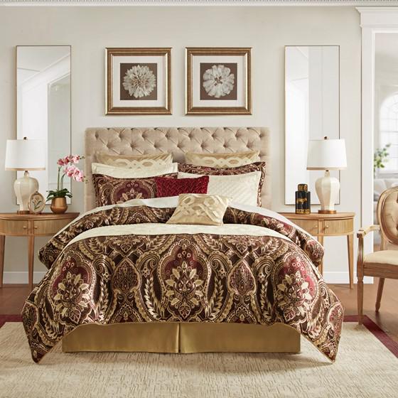 100% Polyester Julius Comforter Set Burgundy Cal King: 110x96"/20x36+2"(2)/72x84+15"