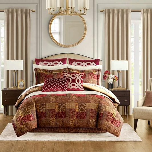 100% Polyester Galleria Comforter Set Red Cal King: 110x96"/20x36+2"(2)/72x84+15"