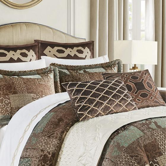 100% Polyester Galleria Comforter Set Brown Queen: 92x96"/20x26+2"(2)/60x80+15"