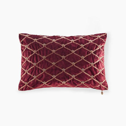 100% Polyester Velvet With Embroidery And Manual Bead Oblong Pillow Burgundy 22x15"