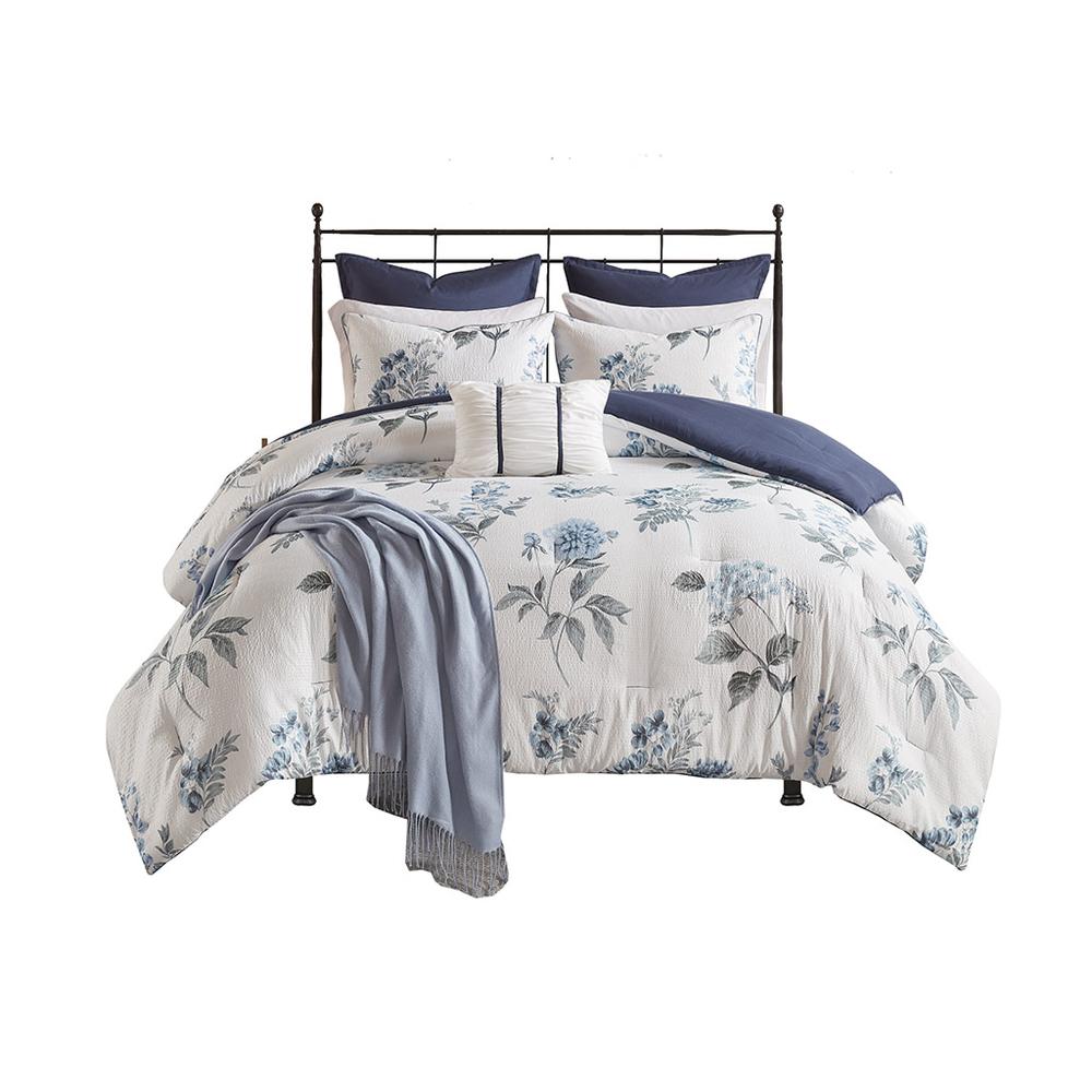 100% Polyester 7 Piece Printed Seersucker Comforter Set with Throw Blanket,MP10-6304