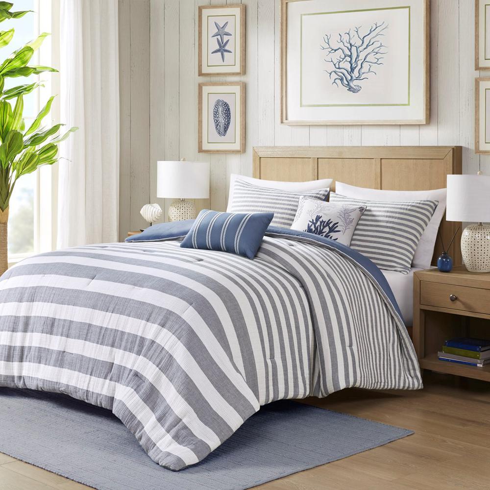 5 Piece Oversized Cotton Stripe Comforter Set, 92x96, White/Blue