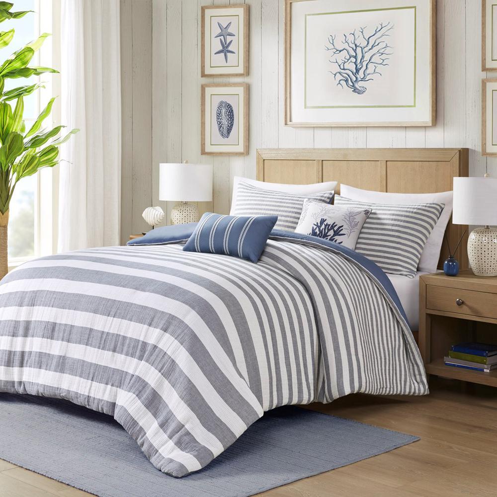 5 Piece Cotton Stripe Duvet Cover Set, 90x90, White/Blue