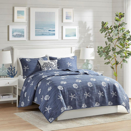 4 Piece Cotton Coverlet Set, 90x90, Navy