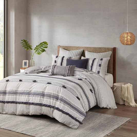 3 Piece Cotton Comforter Set, 88x92, Gray/Navy