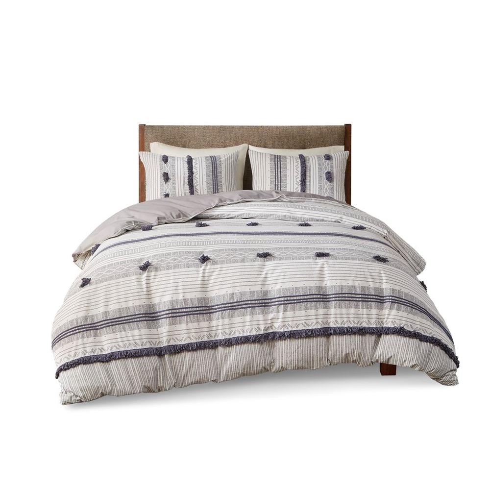 3 Piece Cotton Comforter Set, 104x92, Gray/Navy