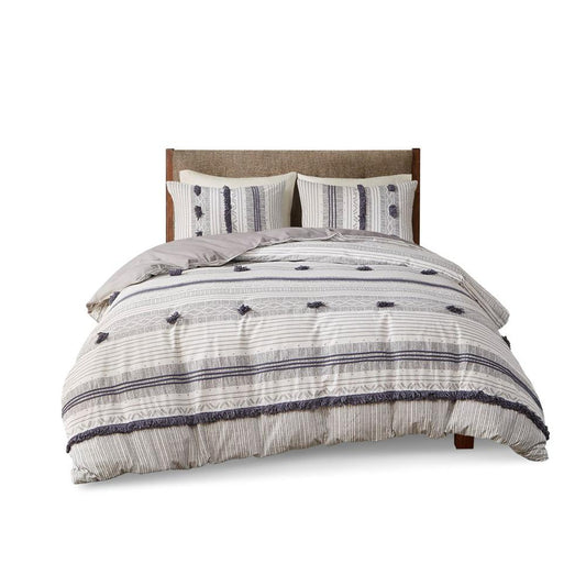 3 Piece Cotton Comforter Set, 104x92, Gray/Navy