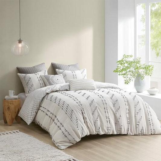 3 Piece Cotton Jacquard Comforter Set, Ivory, 92x88x1.5