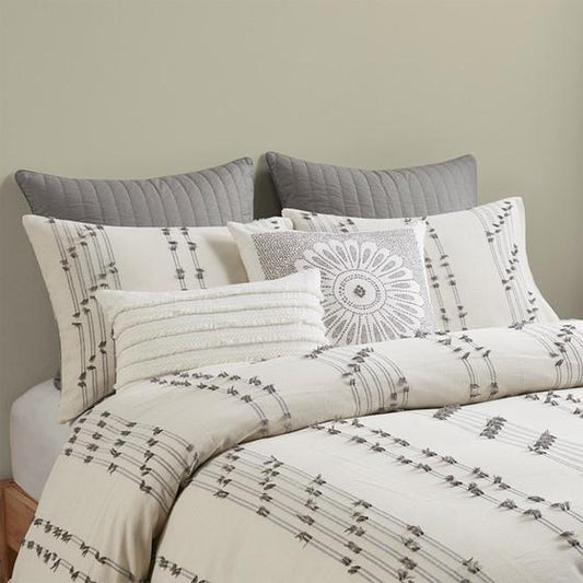 3 Piece Cotton Jacquard Comforter Set, Ivory, 92x104x1.5