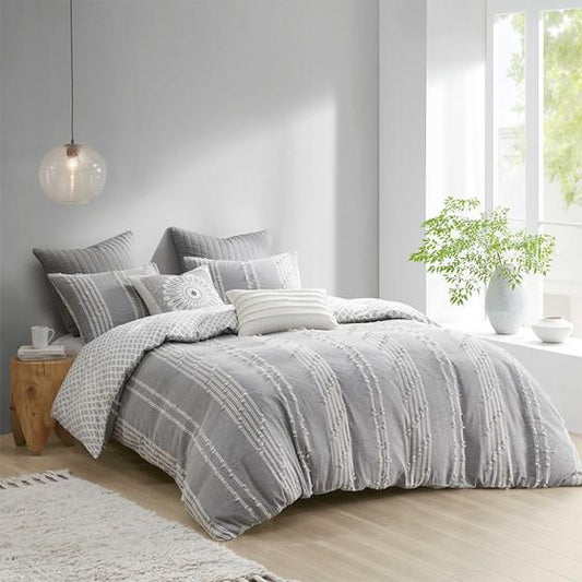 3 Piece Cotton Jacquard Comforter Set, Gray, 92x88x1.5