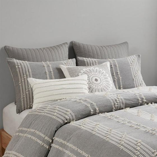 3 Piece Cotton Jacquard Comforter Set, Gray, 92x104x1.5