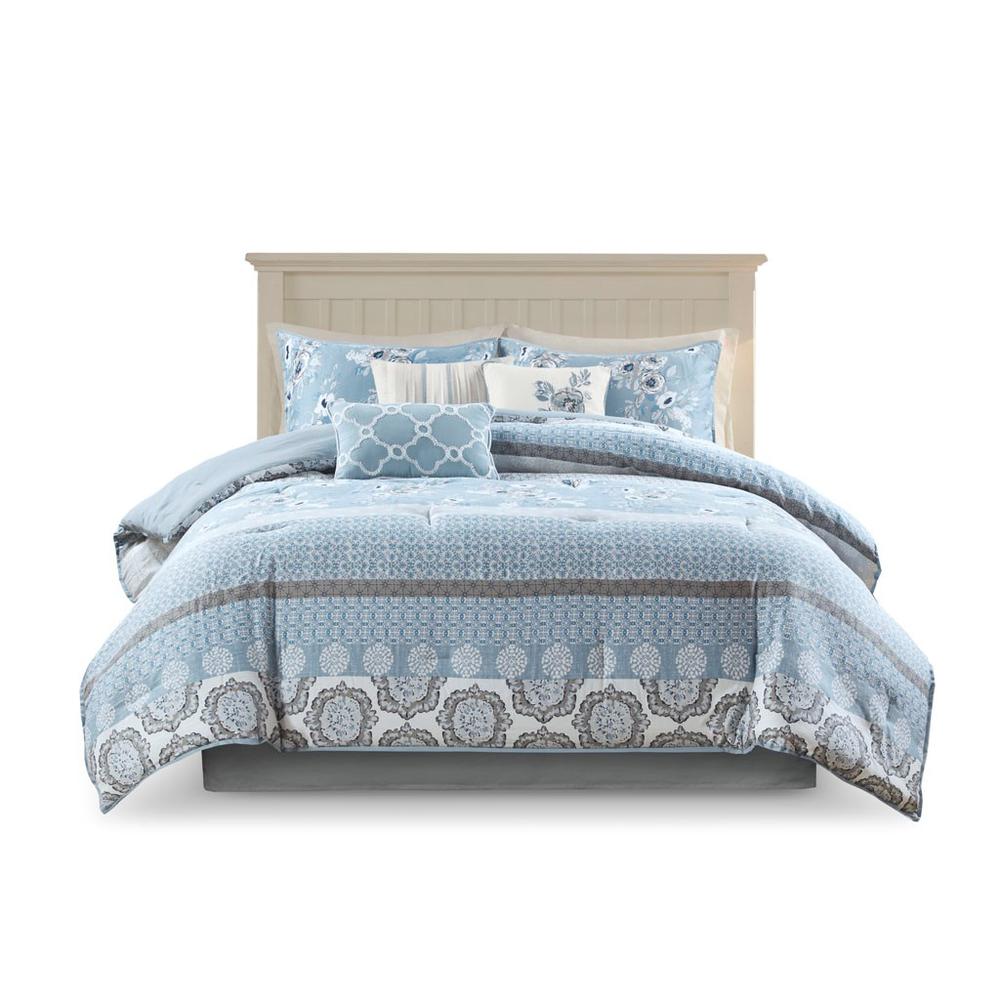 100% Cotton Sateen Printed 7 Pcs Comforter Set, Blue