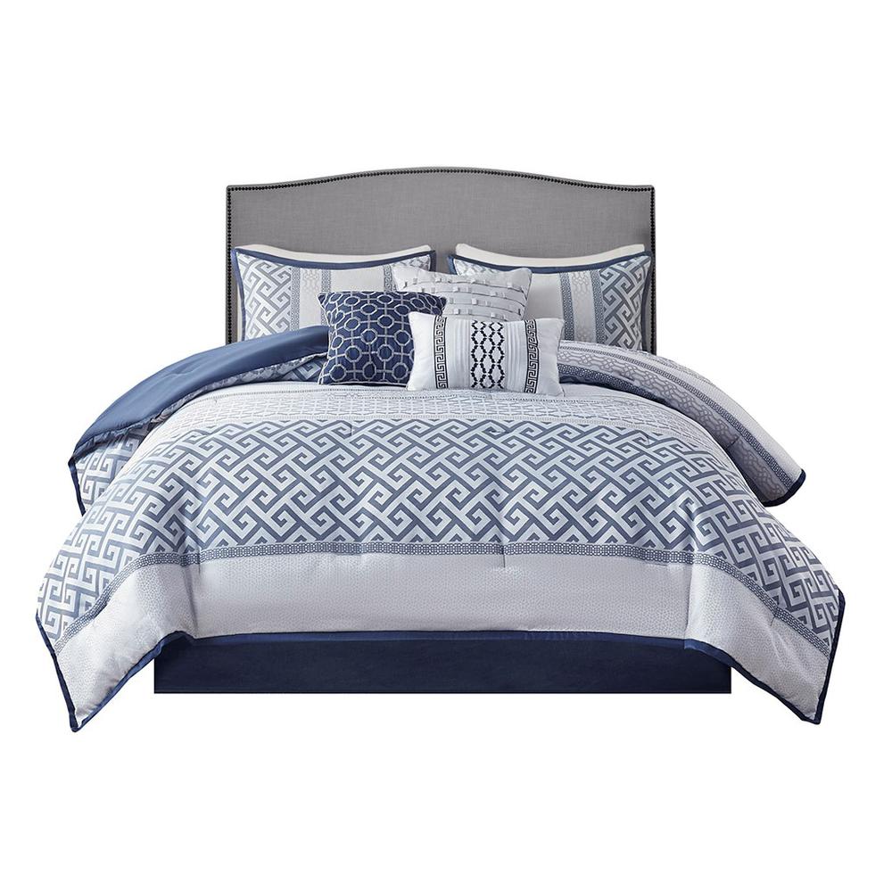 100% Polyester 7 Pieces Jacquard Comforter Set, Navy