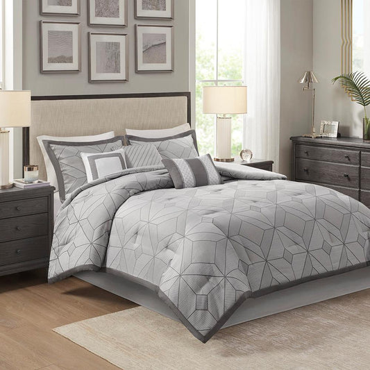 7 Piece Jacquard Comforter Set, 90x90, Gray