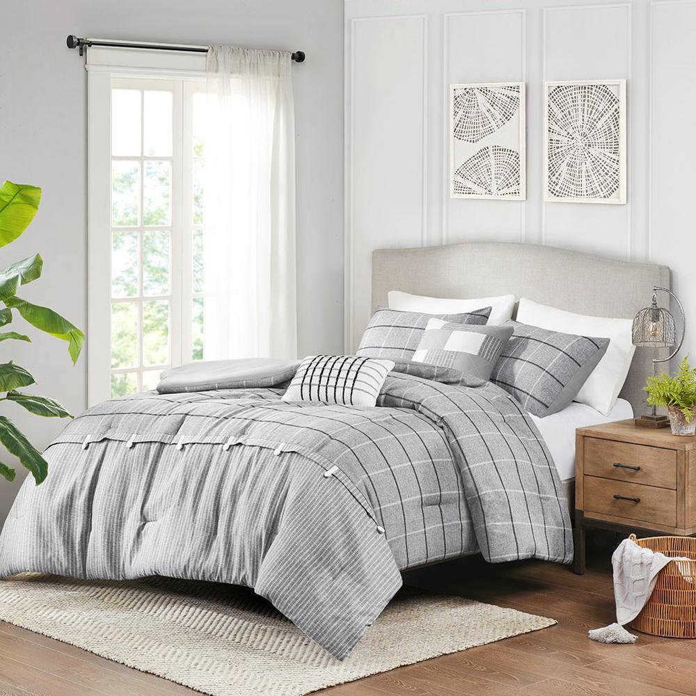 5 Piece Faux Linen Jacquard Comforter Set, 90x90, Gray